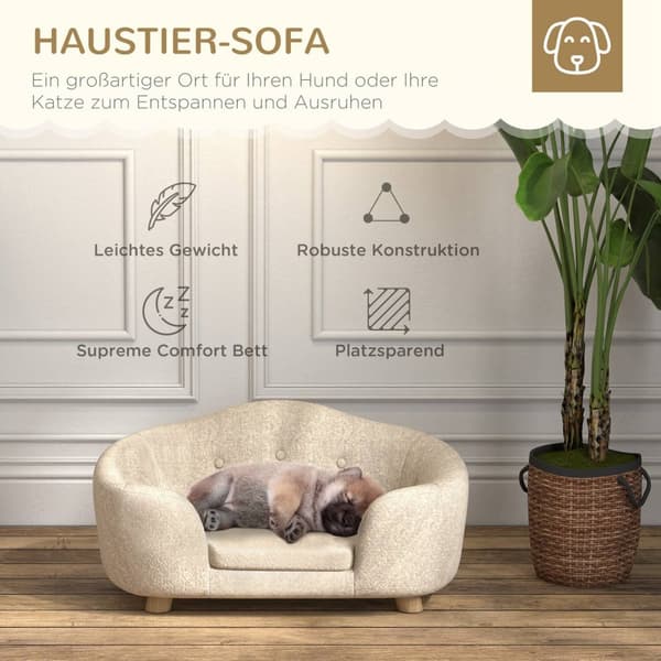 Hundesofa baklomme plysjtrekk med pute, katteseng, egnet for små hunder, furu, 70 x 47 x 30 cm, kremhvit