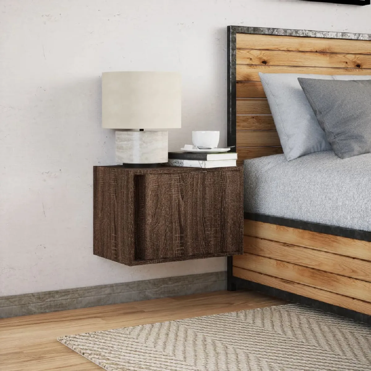 vidaXL Table de Chevet Murale LED - Chêne Marron