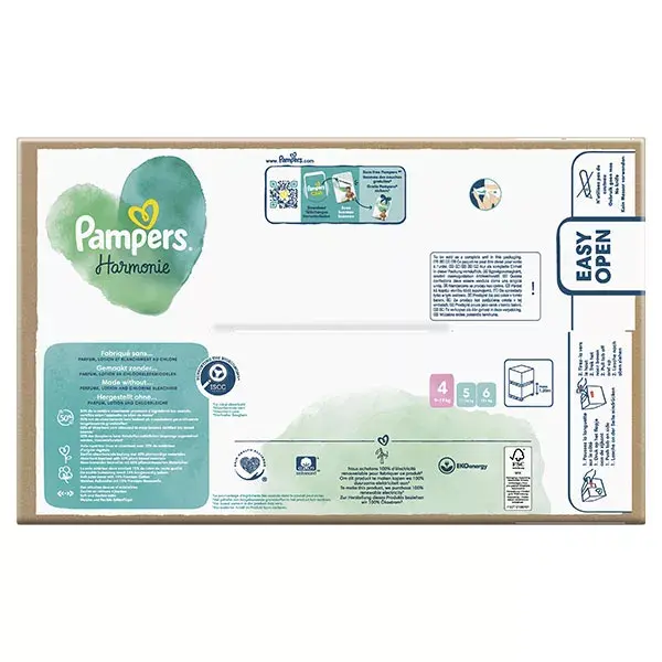 Fraldas Pampers Harmonie Maxi Pack T4 (9-14 kg) com embalagem de papel reciclável