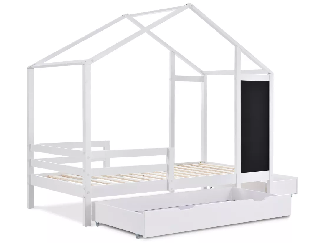 Lit cabane 90x200cm - en bois massif - avec un tableau noir et 2 tiroirs - Blanc