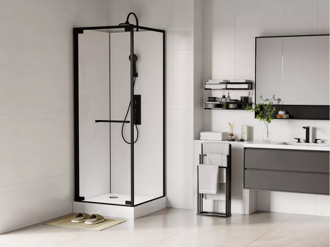 Cabine de douche installation réversible - Hauteur ajustable - Blanc et noir - L80 x l80 x H209/225 cm - BADONI