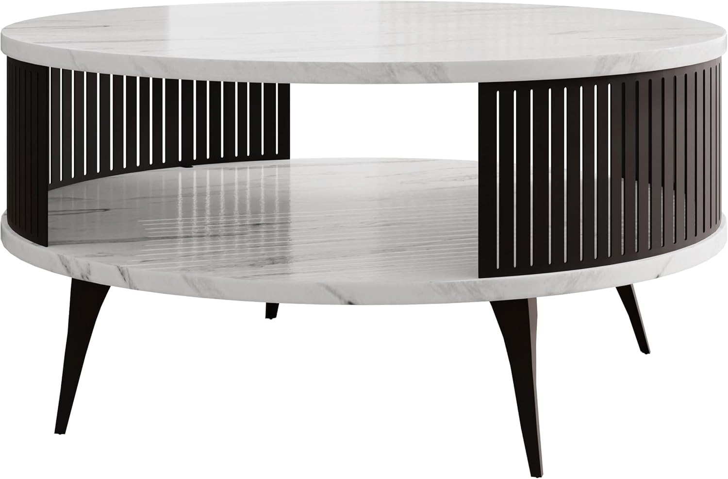 Mirjan24 Couchtisch mit Ablage Rajkon, Runde Form, Metallbeine, Kaffeetisch, Wohnzimmertische, Beistelltisch, Sofatisch, Teetisch (Bianco Marmor, Schwarz)