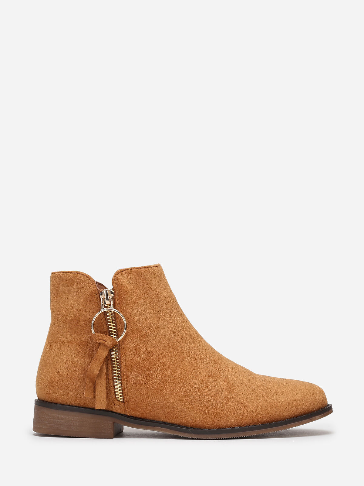 Bottines en suédine à zip décoratif- Camel