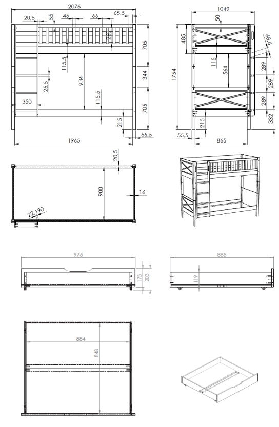 Etagenbett SCOTT - weiß - 2 Schubladen - 90x200 cm