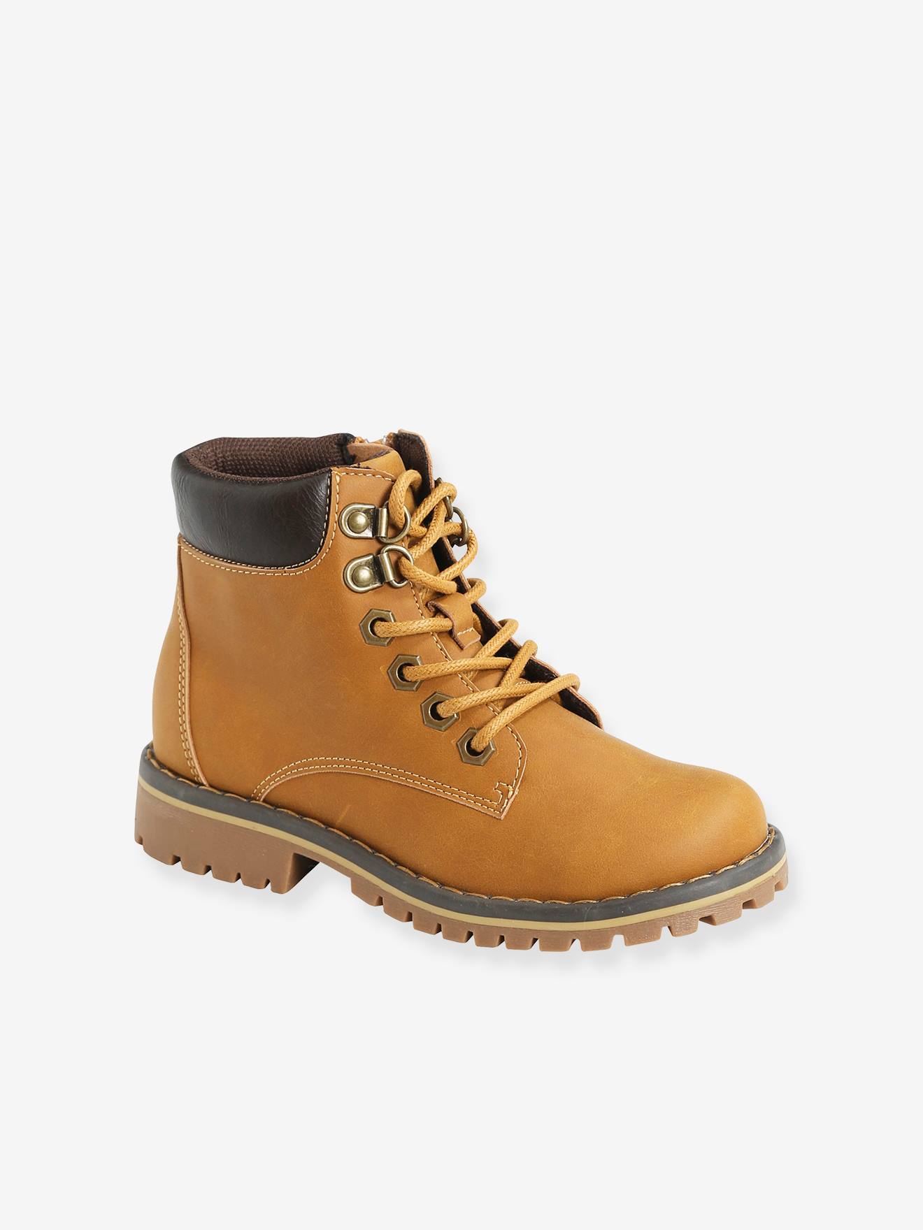 Botas de cano curto com cadarço e zíper para meninos, bege médio liso