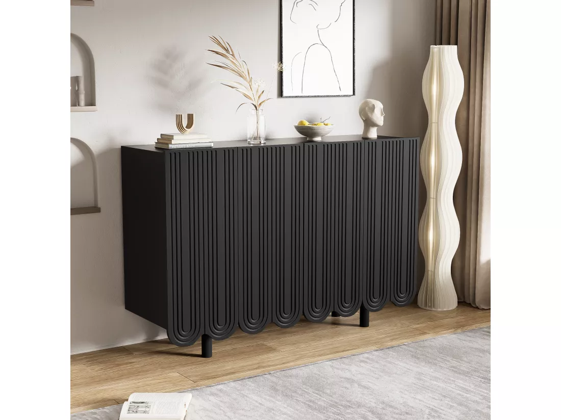 Buffet avec 4 portes profilées - 120 x 37.5 x 80.8 cm - Panneaux de particules - Forme de larme - Noir