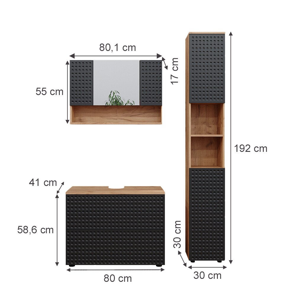 Vicco Badmöbel-Set Irma Eiche Anthrazit 3-teilig Hochschrank Waschbeckenschrank 80 cm