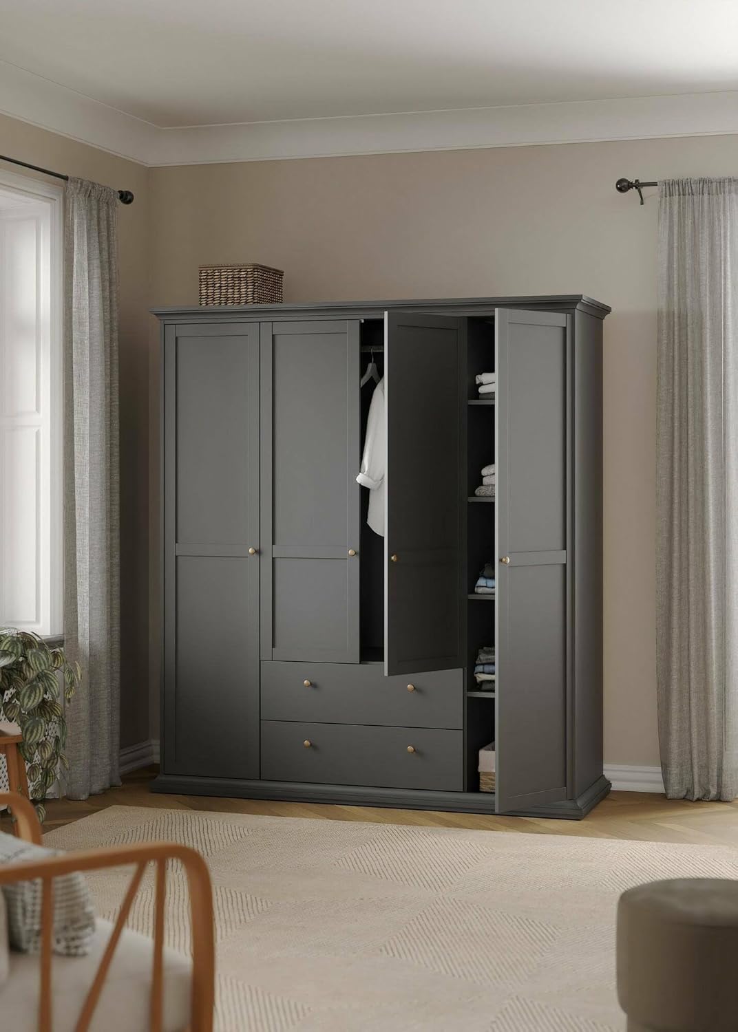 Dmora - Großer Kleiderschrank Pauline, Schlafzimmermöbel, Schrank, Garderobe, 181x61 h201 cm, Grau