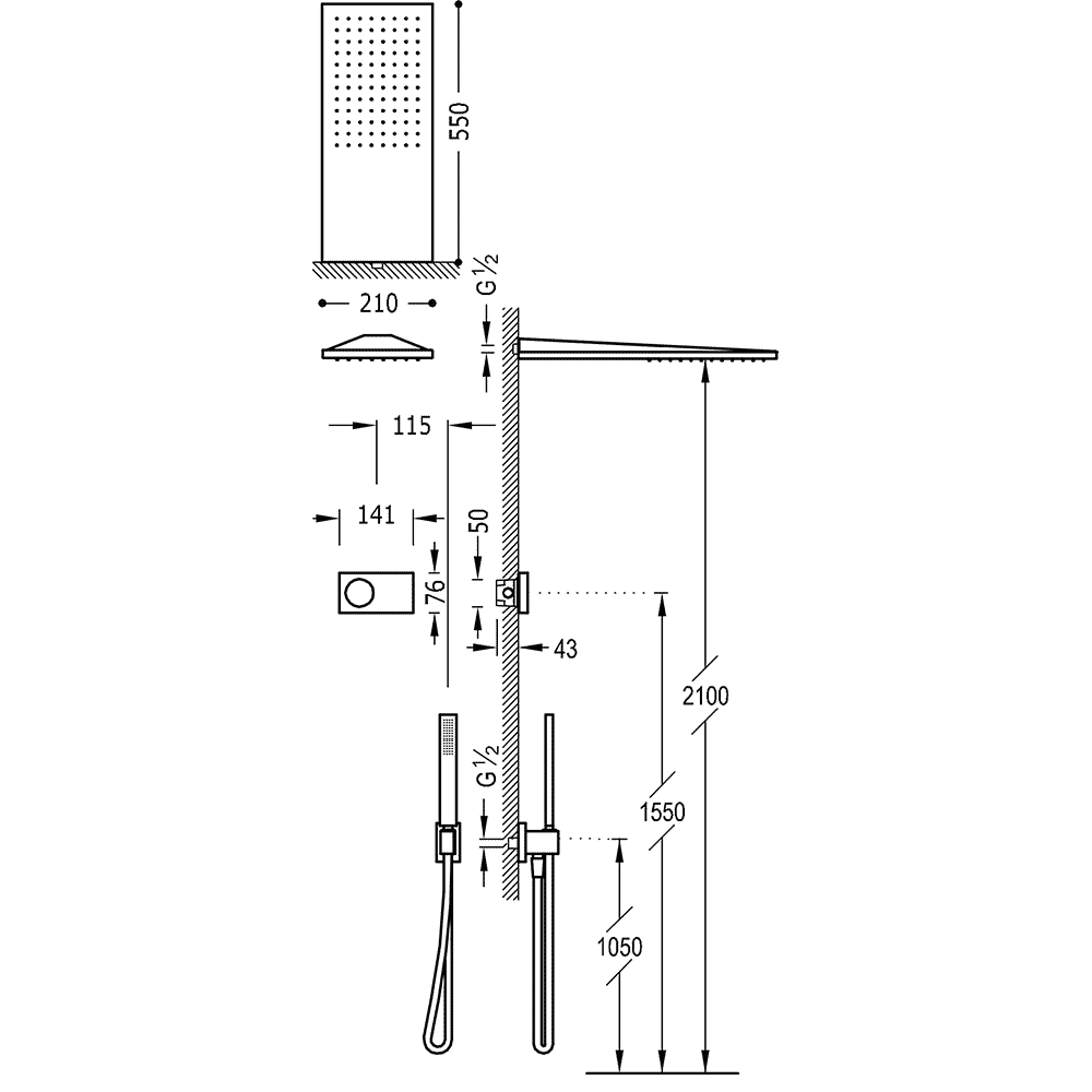 Tres Shower Technology elektronische inbouwthermostaat met regendouche 21x55cm en handdouche mat zwart