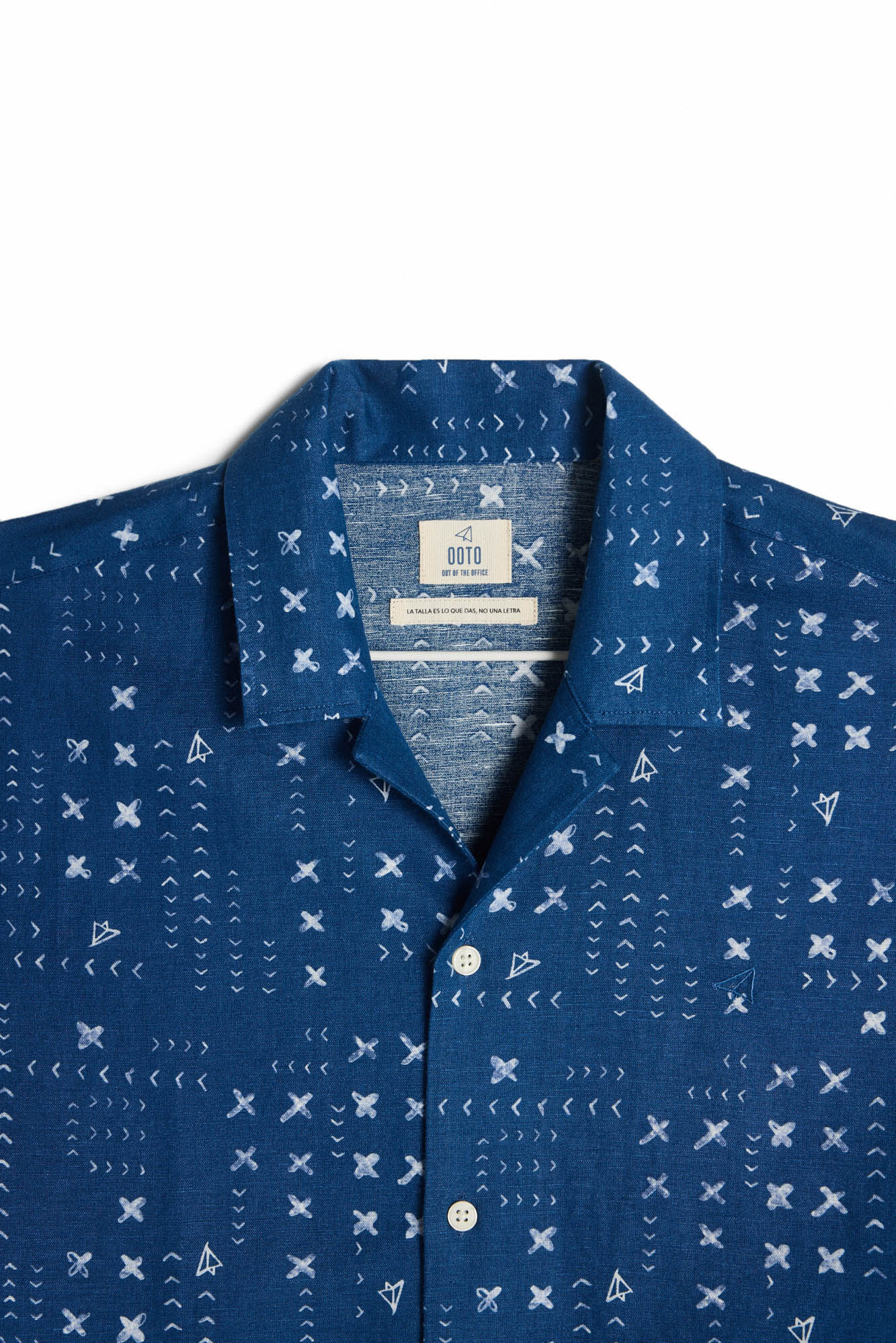 Camisa de linho de manga curta com estampa de patchwork - Azul marinho