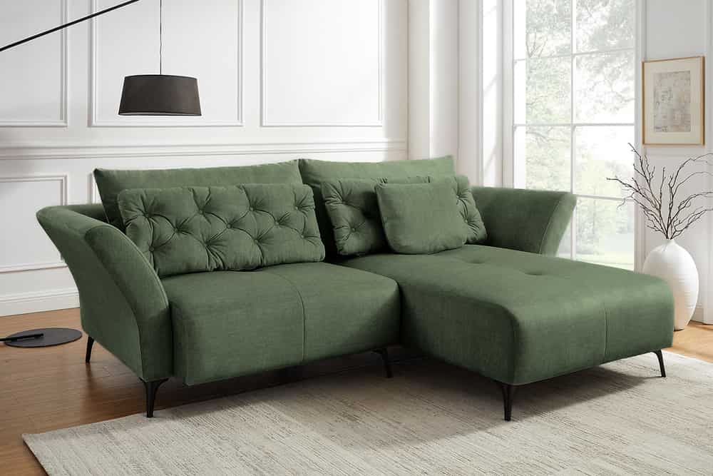 Modernes Ecksofa MARRAKESCH 265cm grün Samt 3-Sitzer inkl. Kissen Ottomane rechts