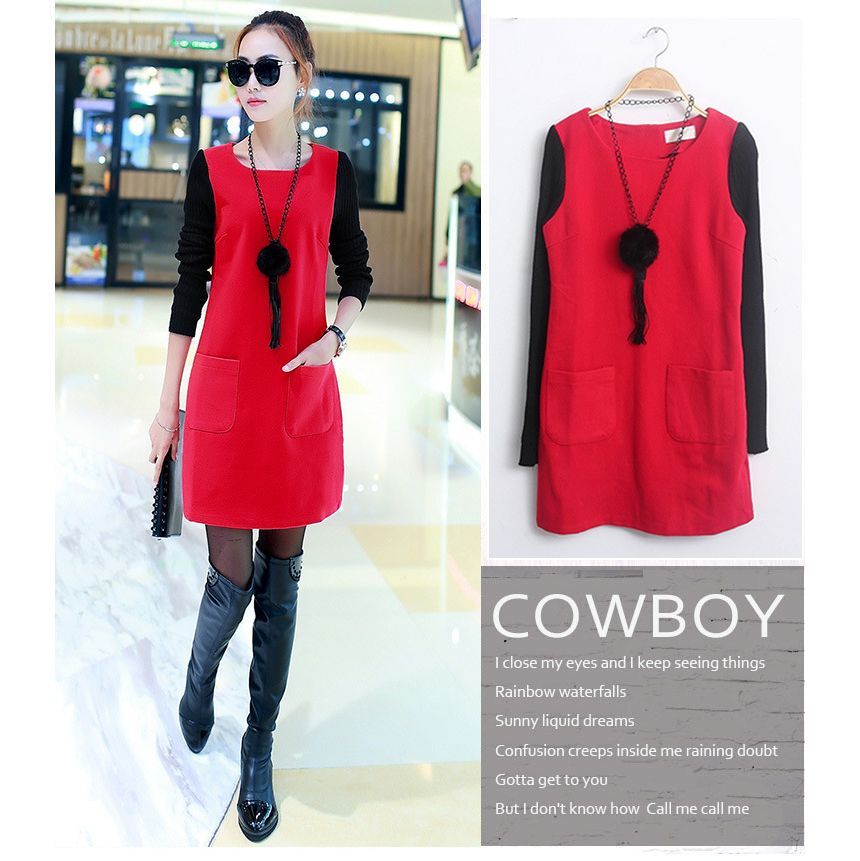 Enpheriado - Mock Two-Piece Long-Sleeve Two-Tone Mini A-Line Dress