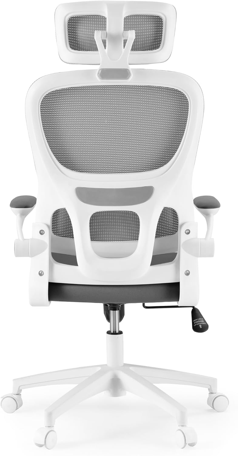 Drehstuhl ergonomisch ERGOMY Flex Armlehnen klappbar, Bürostuhl mit Flexibler Lordosenstütze, Netz Rückenlehne, Stoff Grau