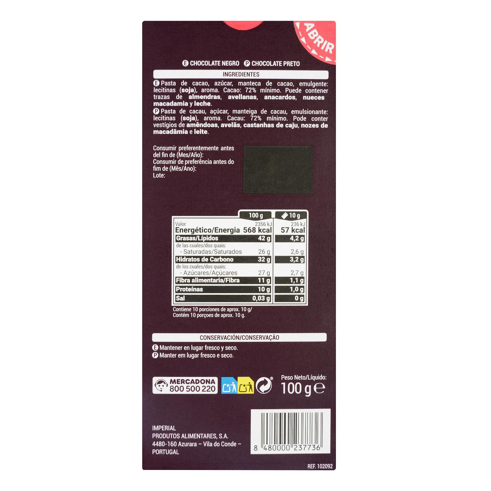 Chocolat noir Hacendado 72% de cacao