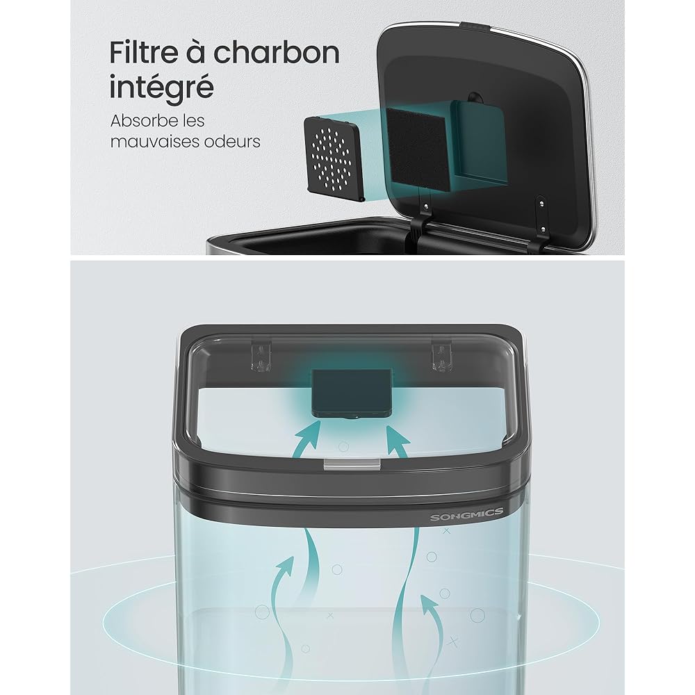 SONGMICS Poubelle de Cuisine, Poubelle à 3 Compartiments, 2 x 10 L et 30 L, Acier, Gain de place, Seaux intérieurs, Filtre à Charbon, 39,5 x 29,8 x 80,2 cm, Argent Métallique LTB551E50 : Cuisine et Maison