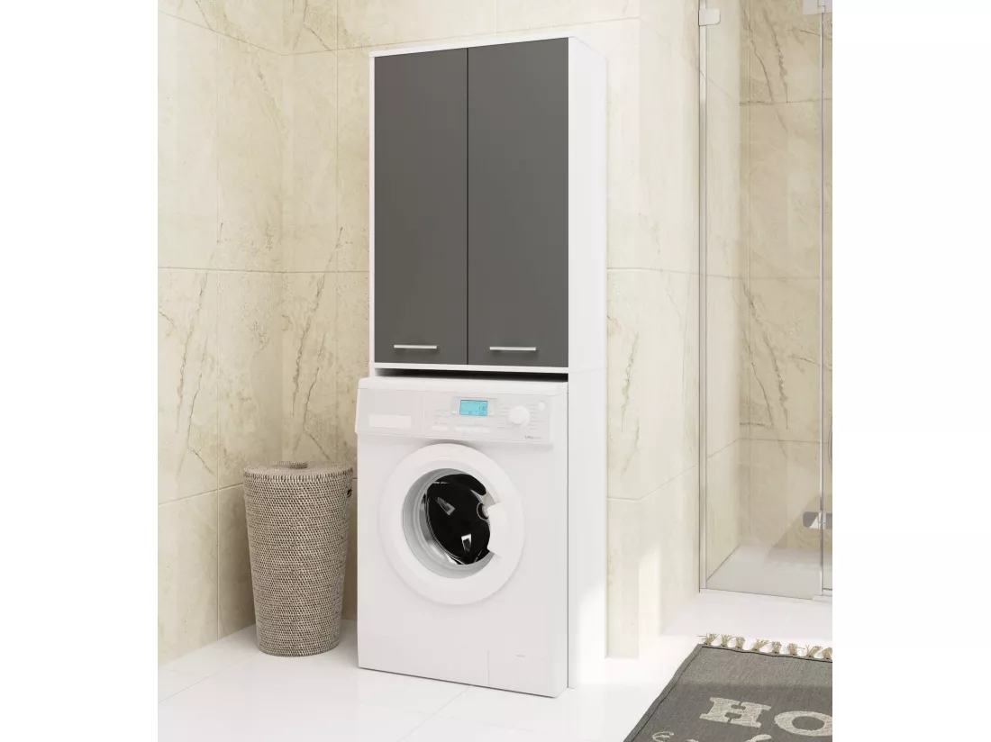 meuble machine a laver 2 portes 4 étagères 180x64x30 cm porte grise