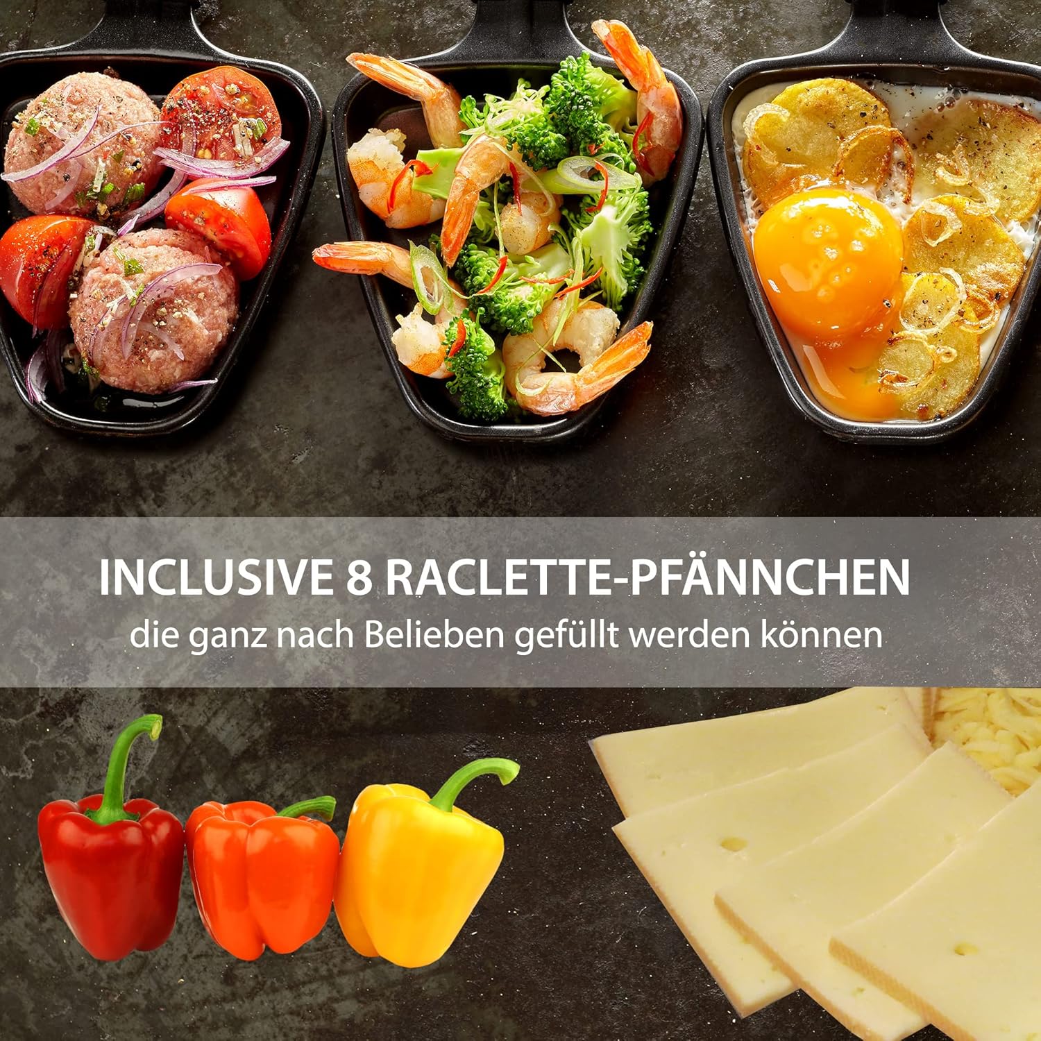 Syntrox Germany 4in1 Raclette mit Fondue für 8 Personen, Tischgrill mit heißem Stein, Pancake- und Crepesplatte, 8 Pfännchen, 1350 W, antihaftbeschichtet, schwarz