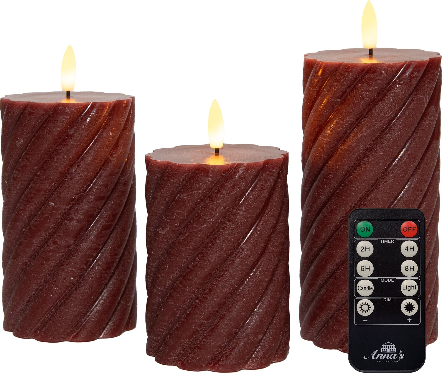 Anna's Collection LED stompkaars Swirl met timer bordeaux D 7,5 H 10 / 12,5 / 15 cm 3 stuks
