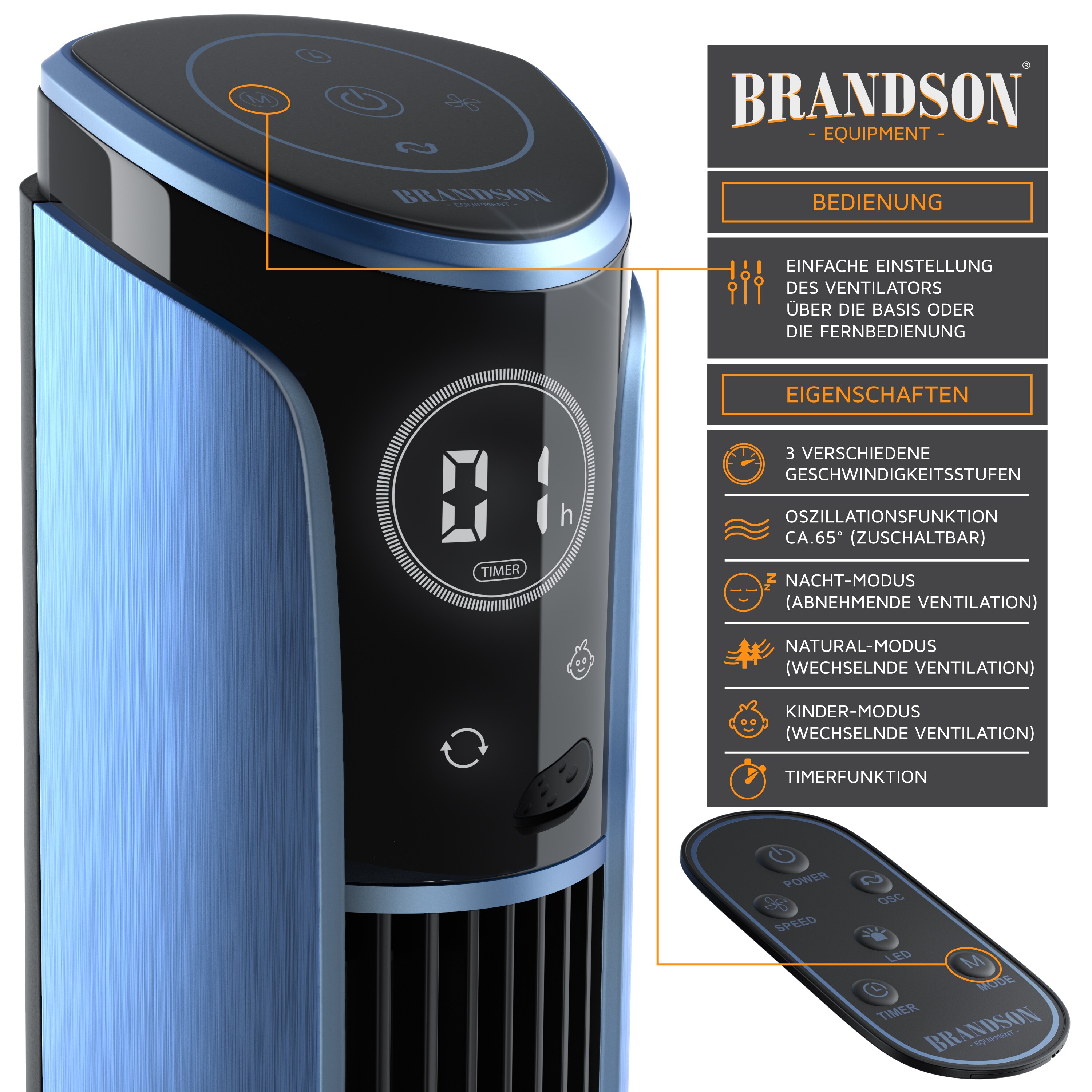 Brandson Turmventilator mit 3 Geschwindigkeiten, Ventilator 10 Grad neigbar, Standventilator 108 cm mit Fernbedienung, Oszillation, GS