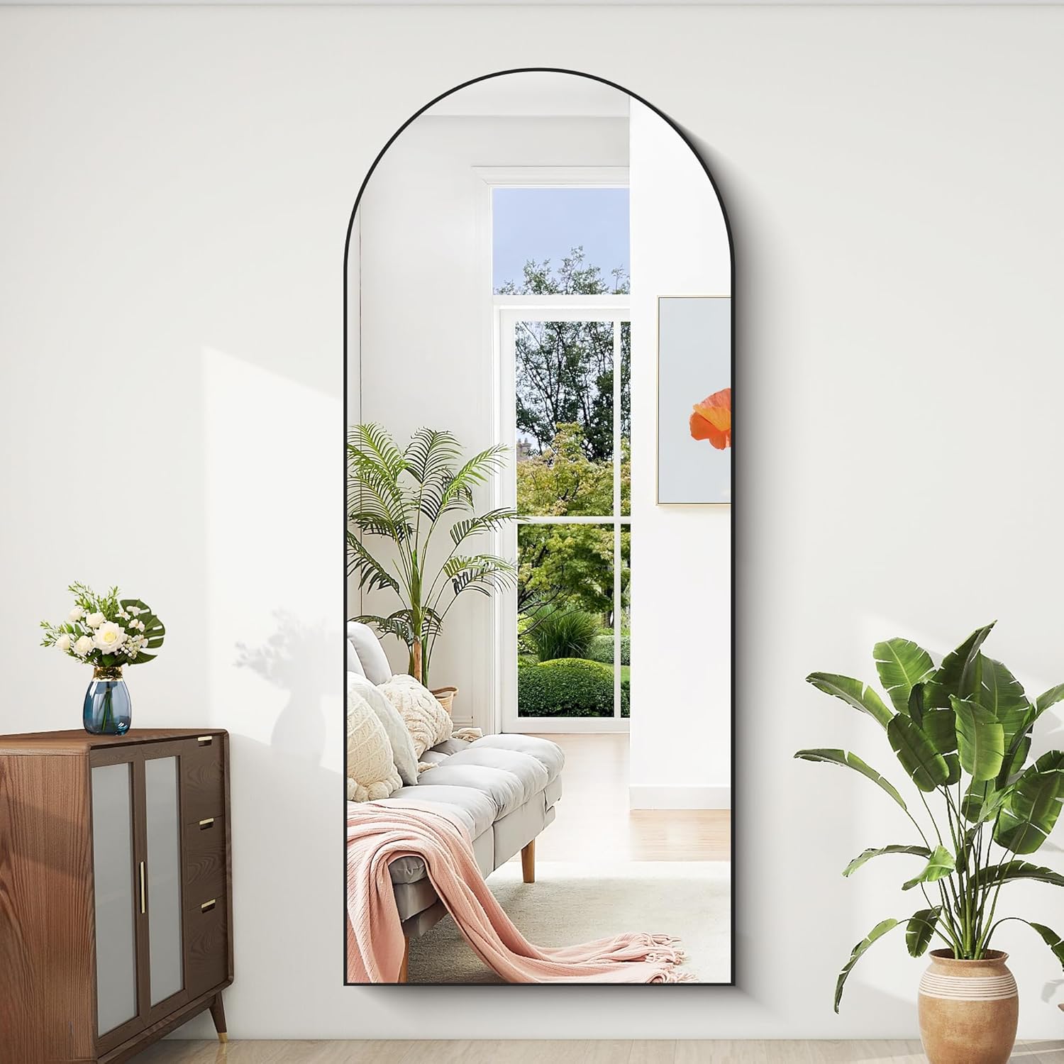 BONEWEI Ganzkörperspiegel 179x65cm, Bogen Standspiegel Ganzkörperspiegel mit Schwarzer Aluminiumrahmen, Groß Gewölbter Wandspiegel zum Stehen, Anlehnen oder Hängen für Wohnzimmer Schlafzimmer Flur
