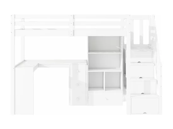 Lit mezzanine 90x200 cm, sans matelas, accoudoirs, bureau, tiroirs, armoires de rangement, marchepieds escamotables, étagères multiples, blanc