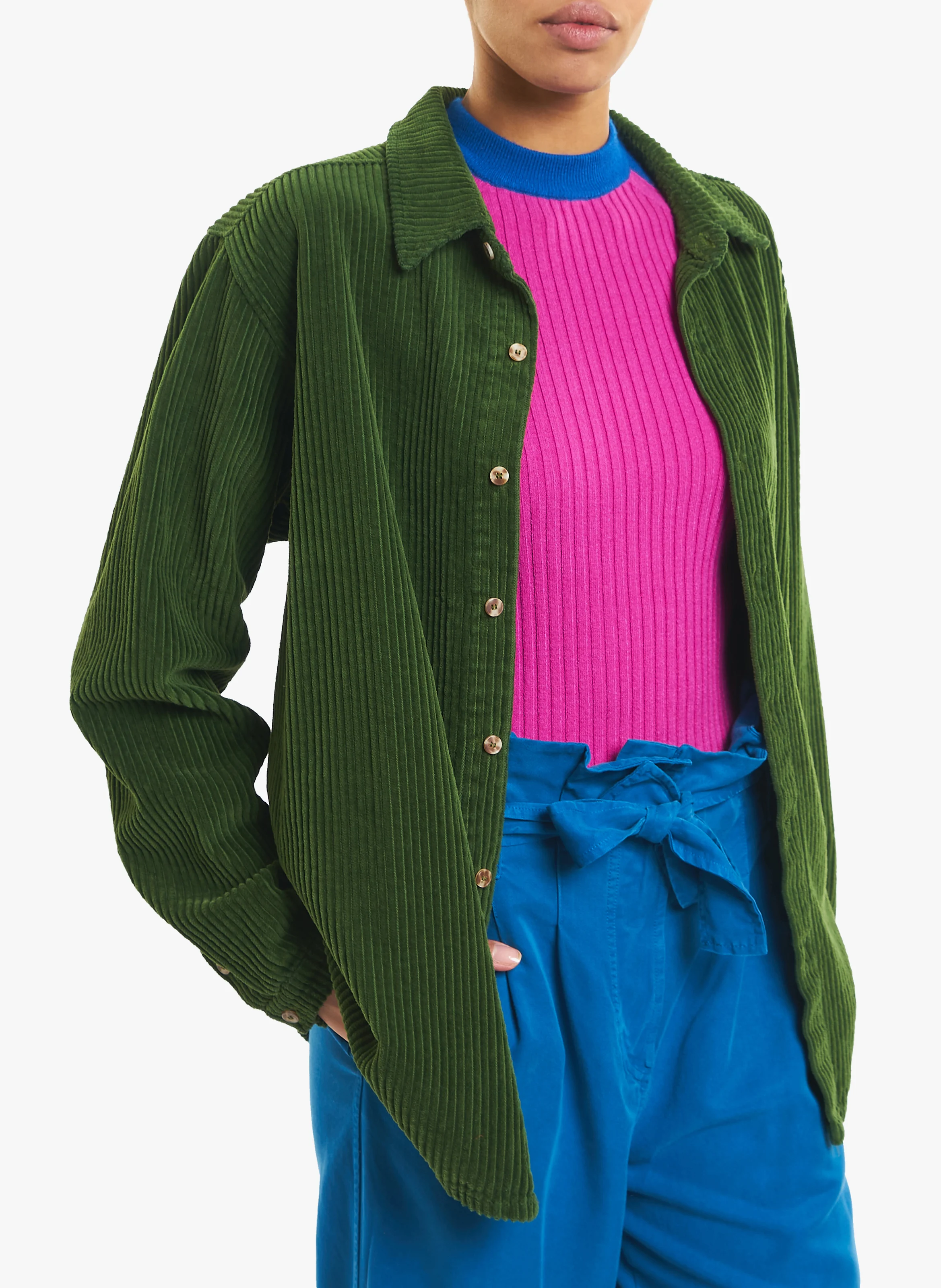 Chemise col classique en velours côtelé et coton| Vert