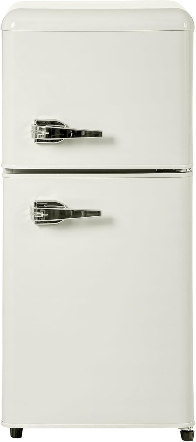 Merax Retro Kühlschrank, 60L Mini-Kühlschrank mit Gefrierschrank,Kühl-Gefrierkombination,22 Liter Gefrierfach, 38 Liter Kühlfach,102 kWh/Jahr, LED-Beleuchtung, cremeweiß