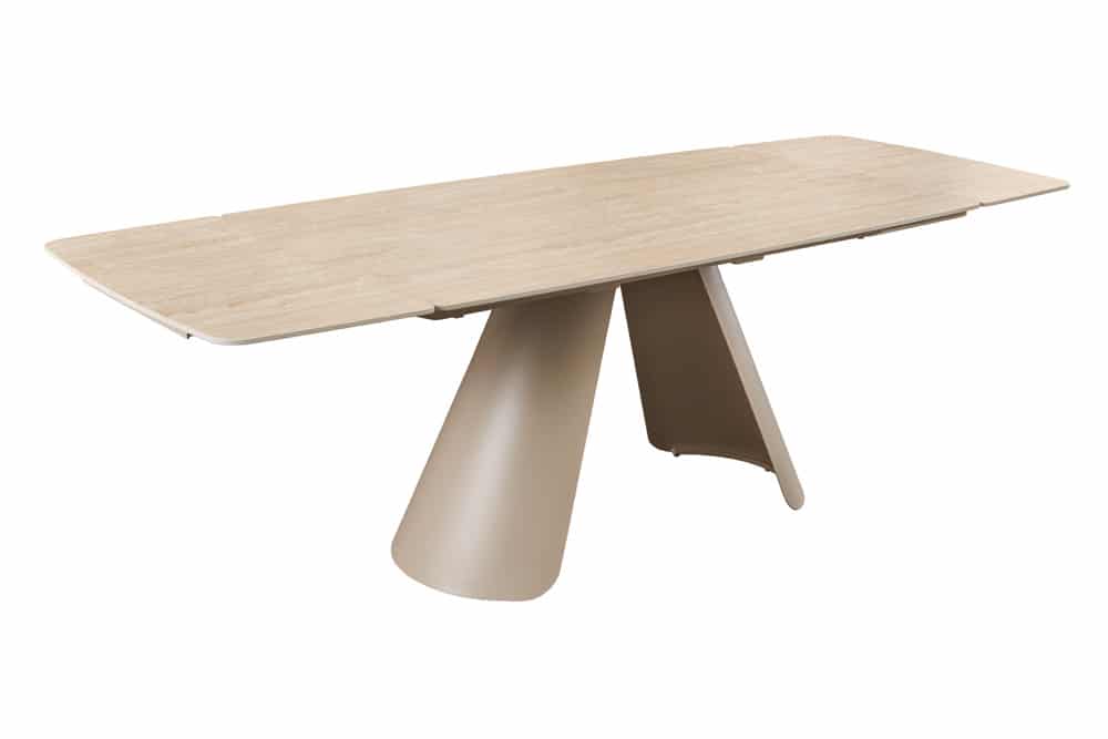 Ausziehbarer Esstisch VOGUE 160-240cm beige Keramik Travertin Metall champagner greige