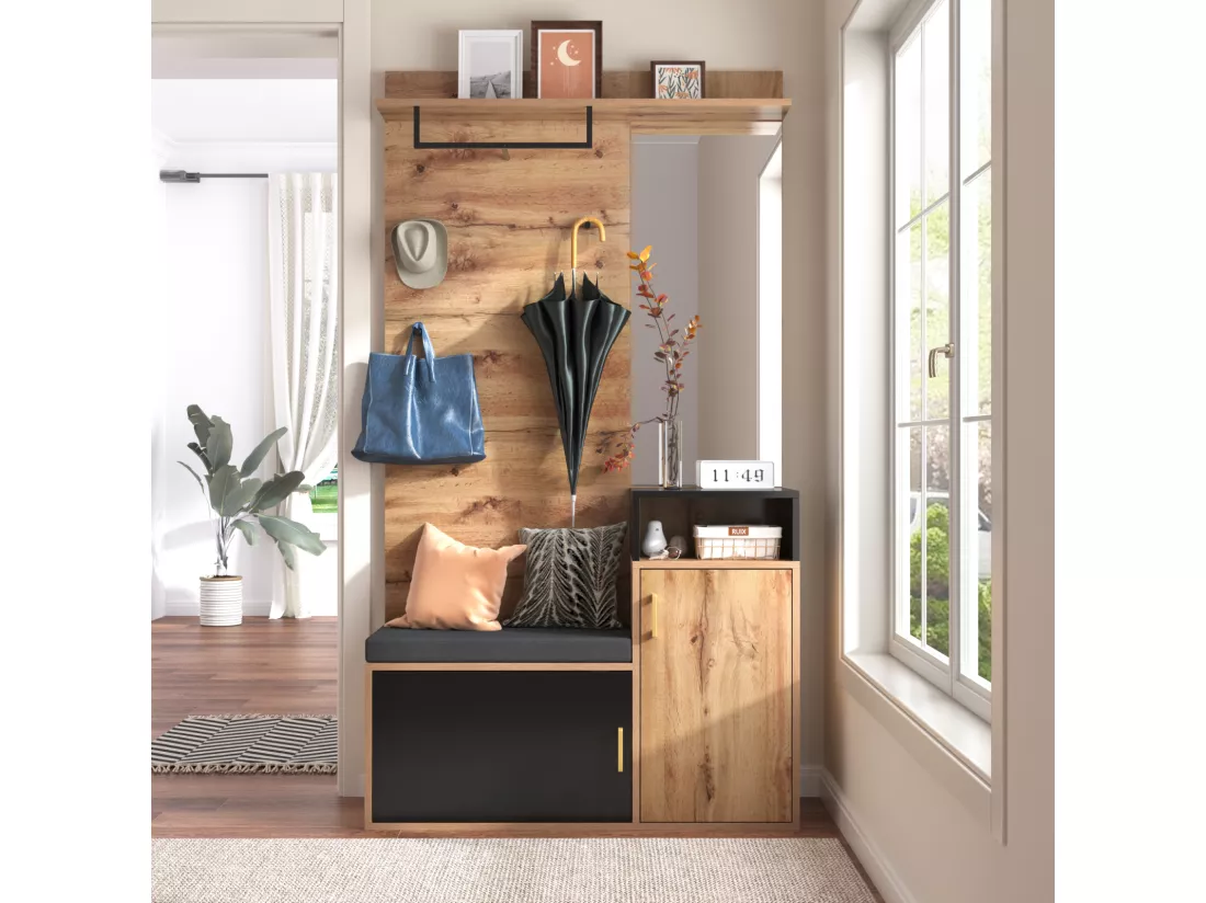 Ensemble vestiaire multifonctionnel - vestiaire avec 4 patères, miroir, armoire à chaussures - vestiaire mural, étagère supérieure, vestiaire d'entrée banc 104x38.5x190cm