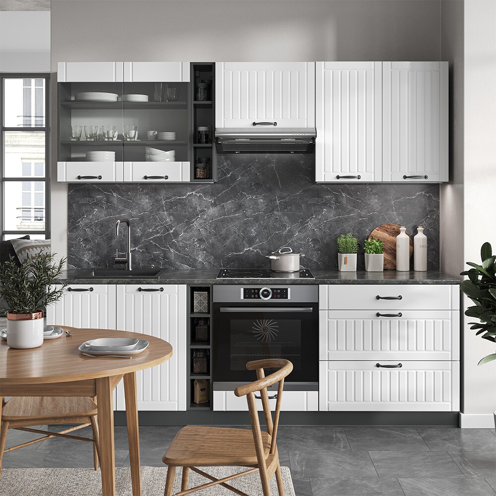 Vicco Küchenzeile Küchenblock Einbauküche Fame-Line Landhaus Anthrazit Weiß 235 cm Küchen Schränke Hängeglasschrank Hängeschrank Schubladenunterschrank Spülenunterschrank Herdumbauschrank