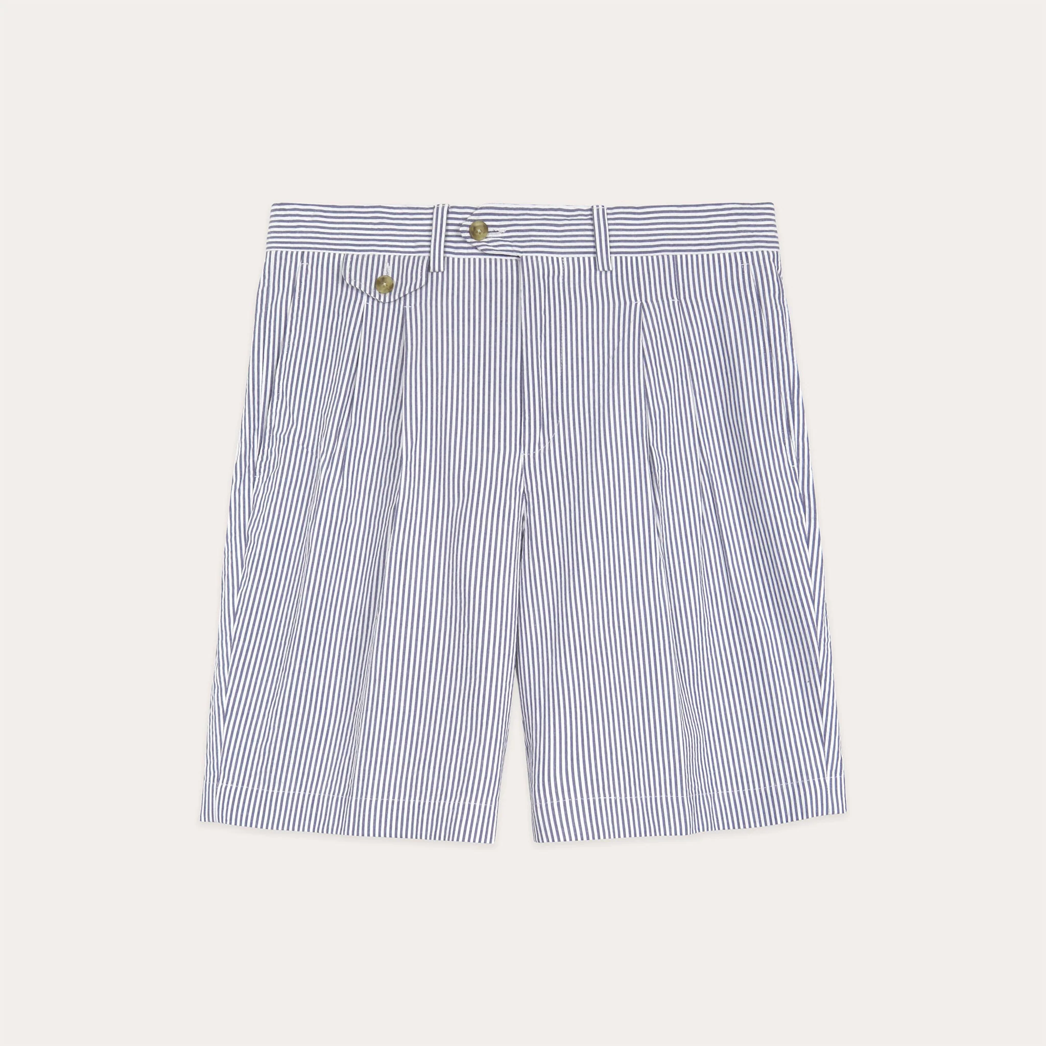 Blue Striped Seersucker Double Pleated Shorts