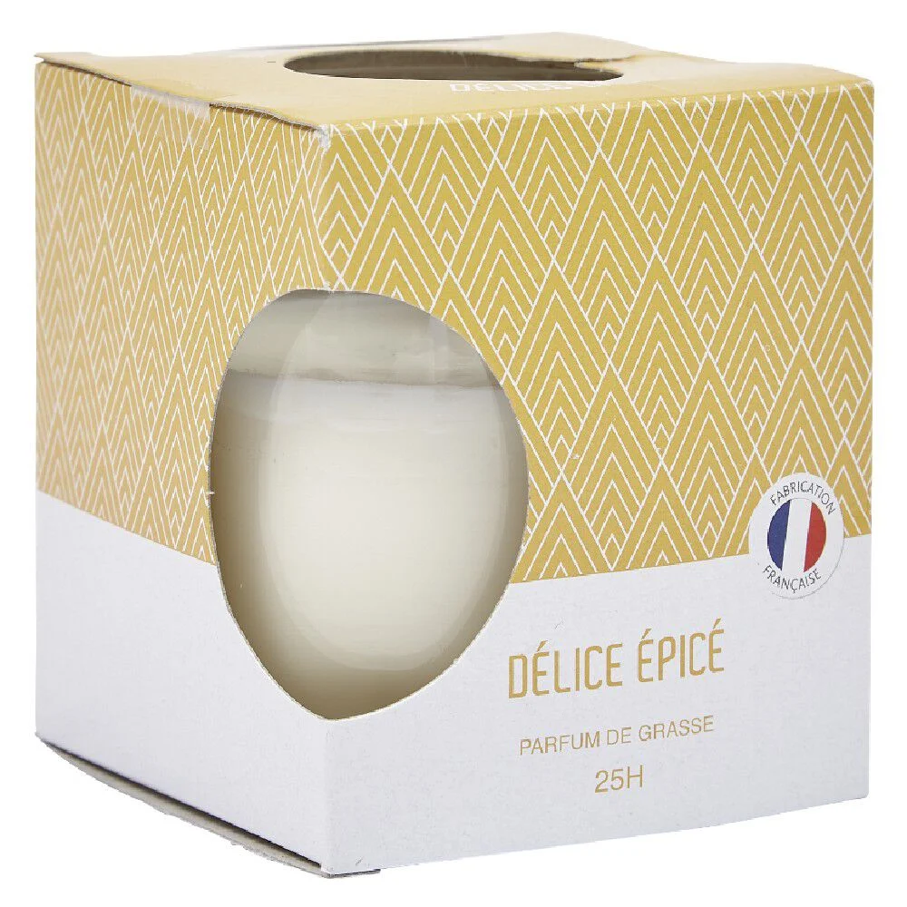 Bougie au parfum de grasse dans verre senteur délice épicé