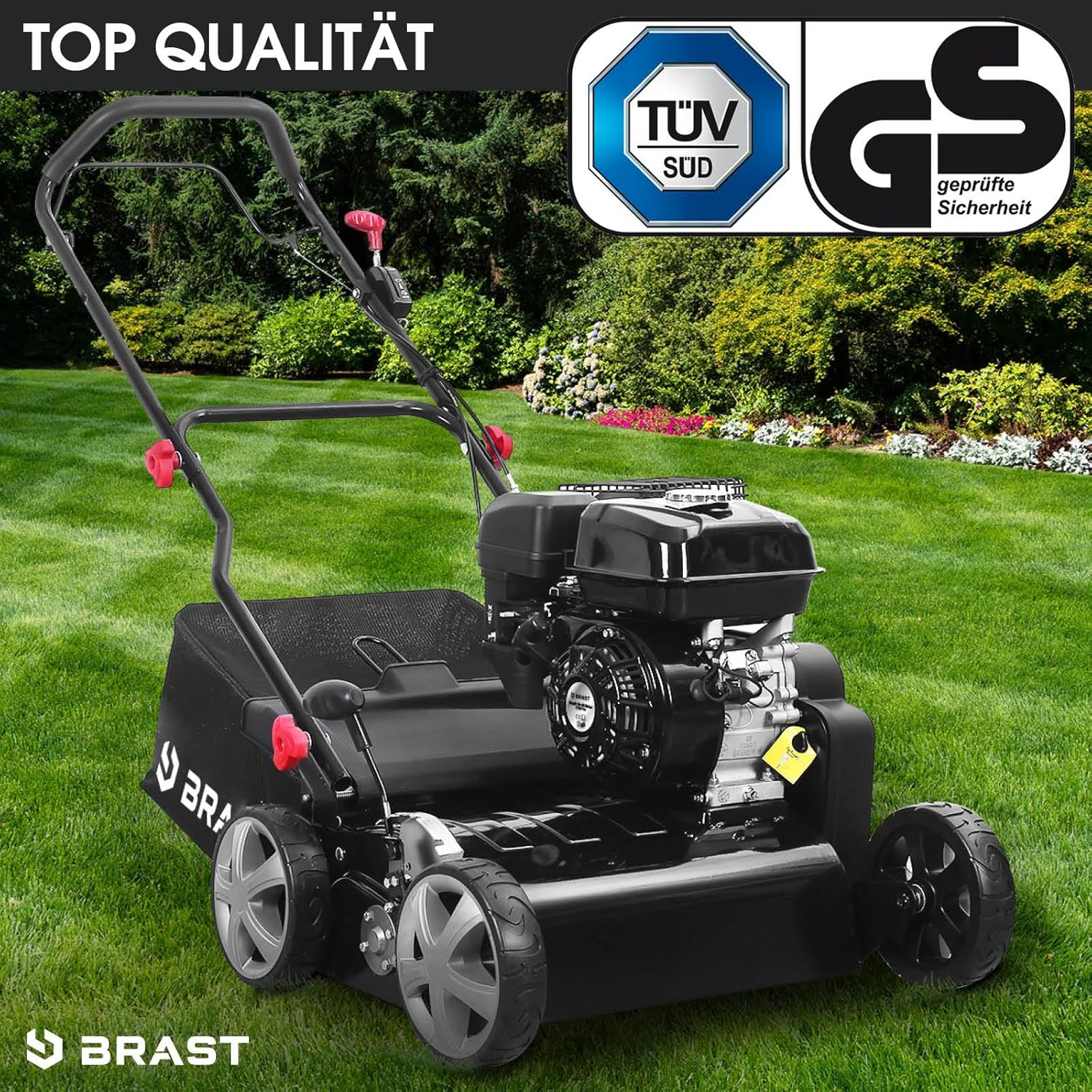 BRAST Benzin Vertikutierer 4,5kW (6,12PS) | 4-Takt Motor 212ccm | 40-45cm Arbeitsbreite | TÜV geprüft | 50L Fangkorb | viele Modelle für kleine bis sehr große Rasenflächen | BRB-RV-45212