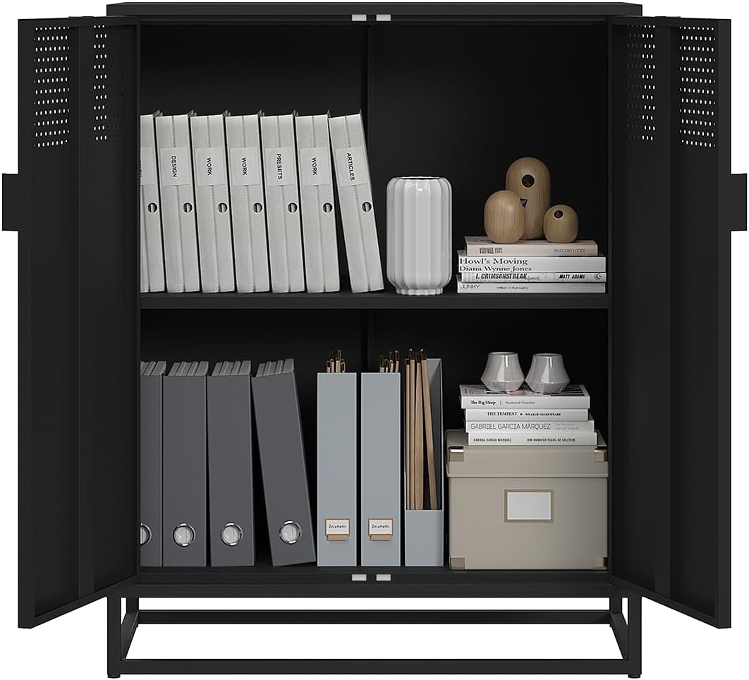 skølm Izar Metall Kommode – Wohnzimmerschrank in Schwarz – Metallschrank mit 2 Fächern & Doppeltüren – Sideboard für Wohnzimmer – Mehrzweckschrank 80 cm breit – Highboard Industrial Style