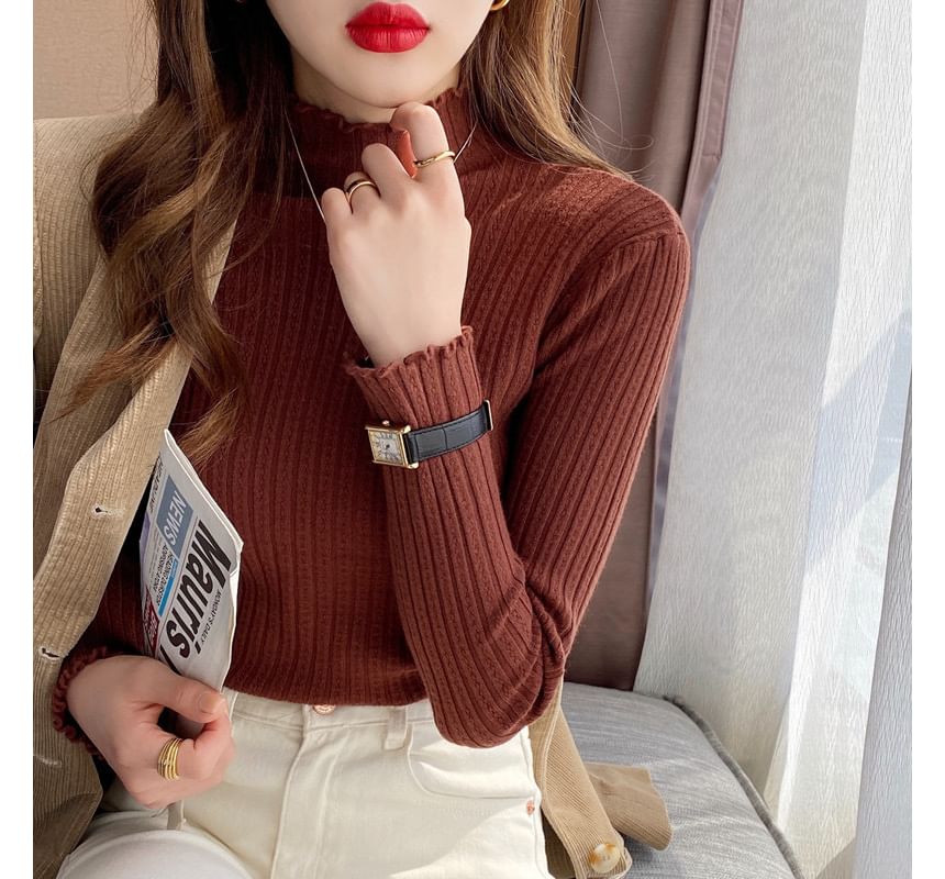 Bikkerd - Lange mouwen, geplooide top met rechte hals en geribbelde, slim fit, effen kleur