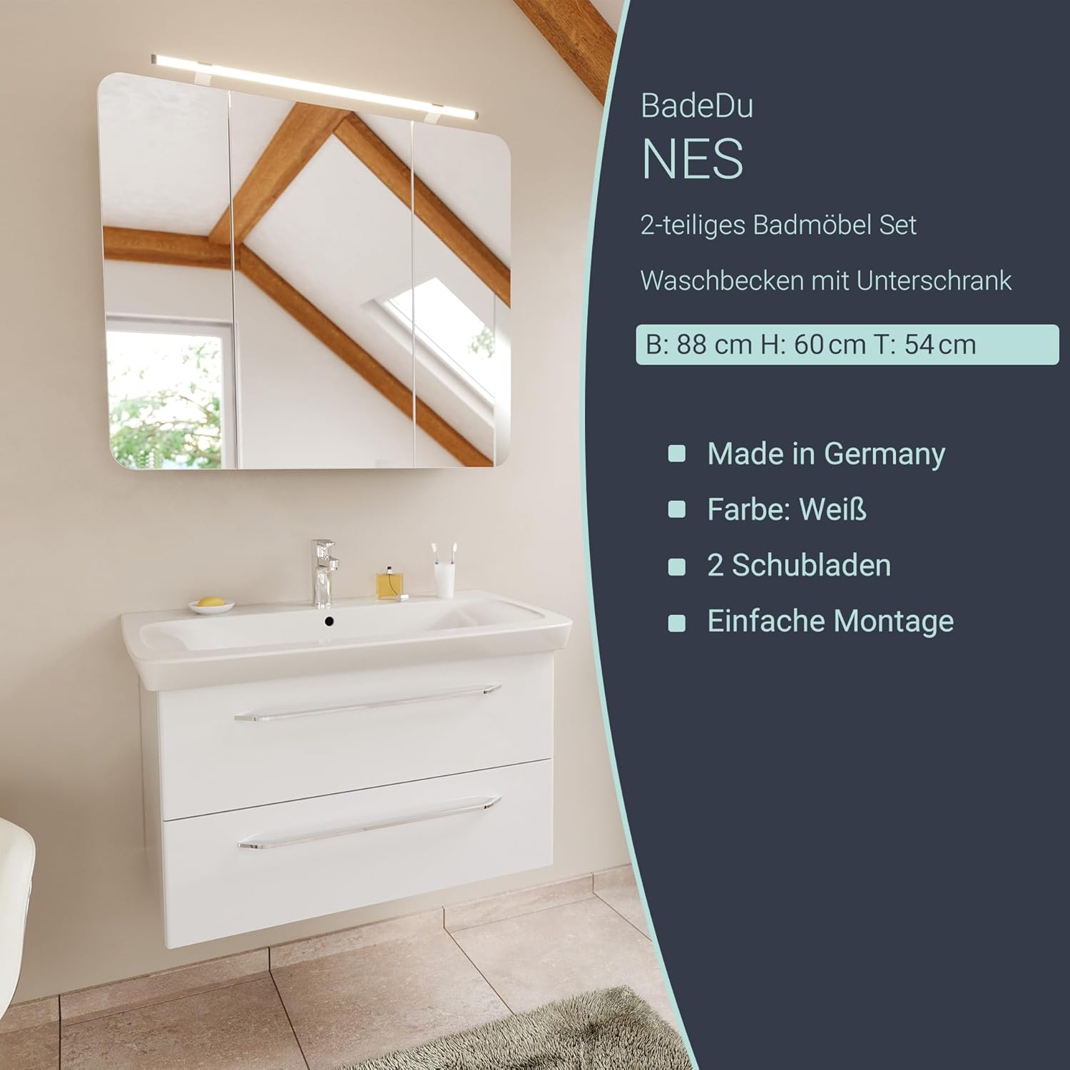 BadeDu NES Badmöbel Set 88cm, Weiß, 2-teilig – Modernes Möbel-Set mit Waschbecken und Unterschrank, Hochglanz Weiß, 2 Schubladen mit Soft-Close System – Made in Germany
