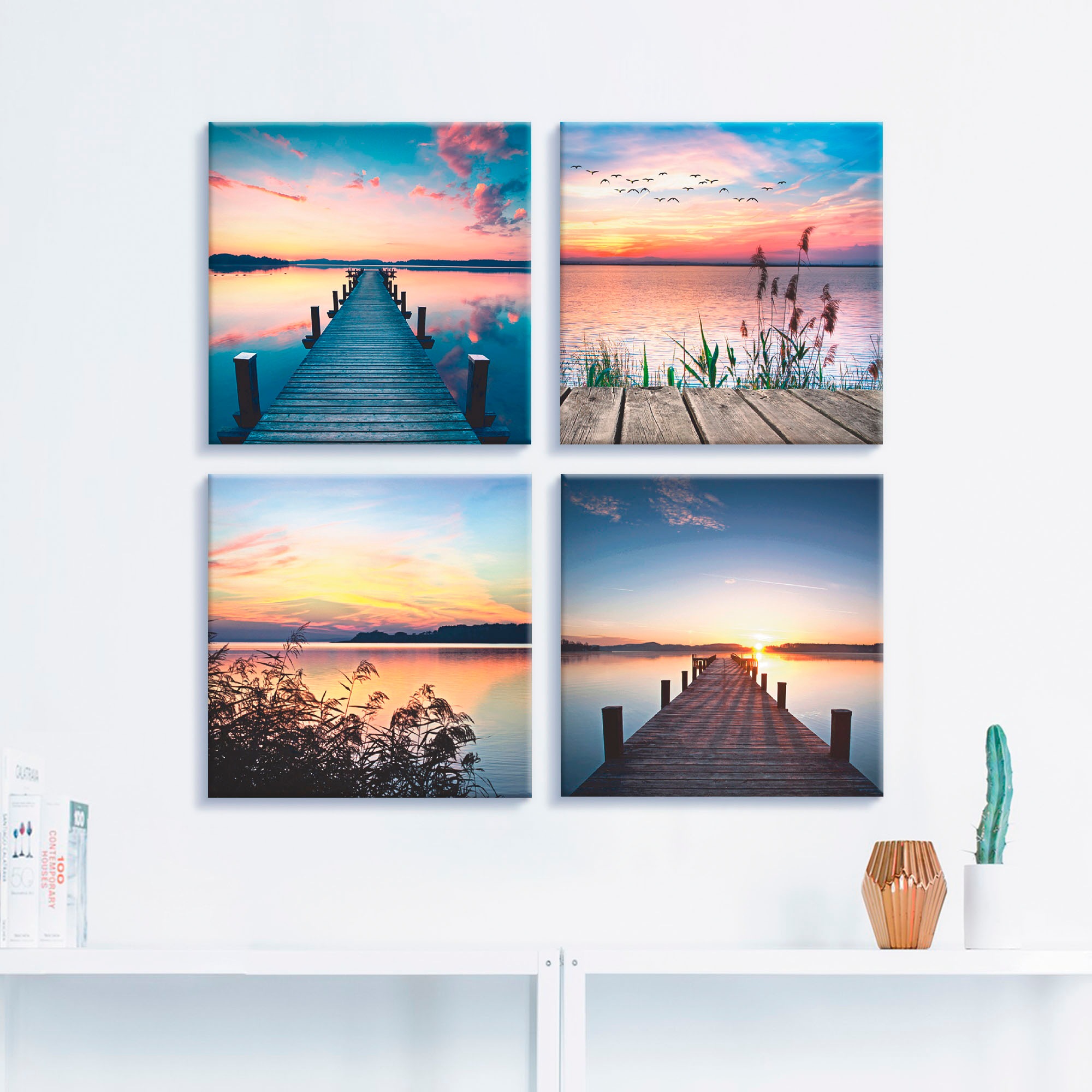 Artland Leinwandbild »Pier See Abendrot Schilf Sonnenstrahlen« Gewässer 4 Stk. tlg. 4er Set, verschiedene Grössen
