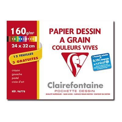 Clairefontaine Dessin à Grain - Pochette papier à dessin - 15 feuilles - 24 x 32 cm - 160 gr - couleurs assorties