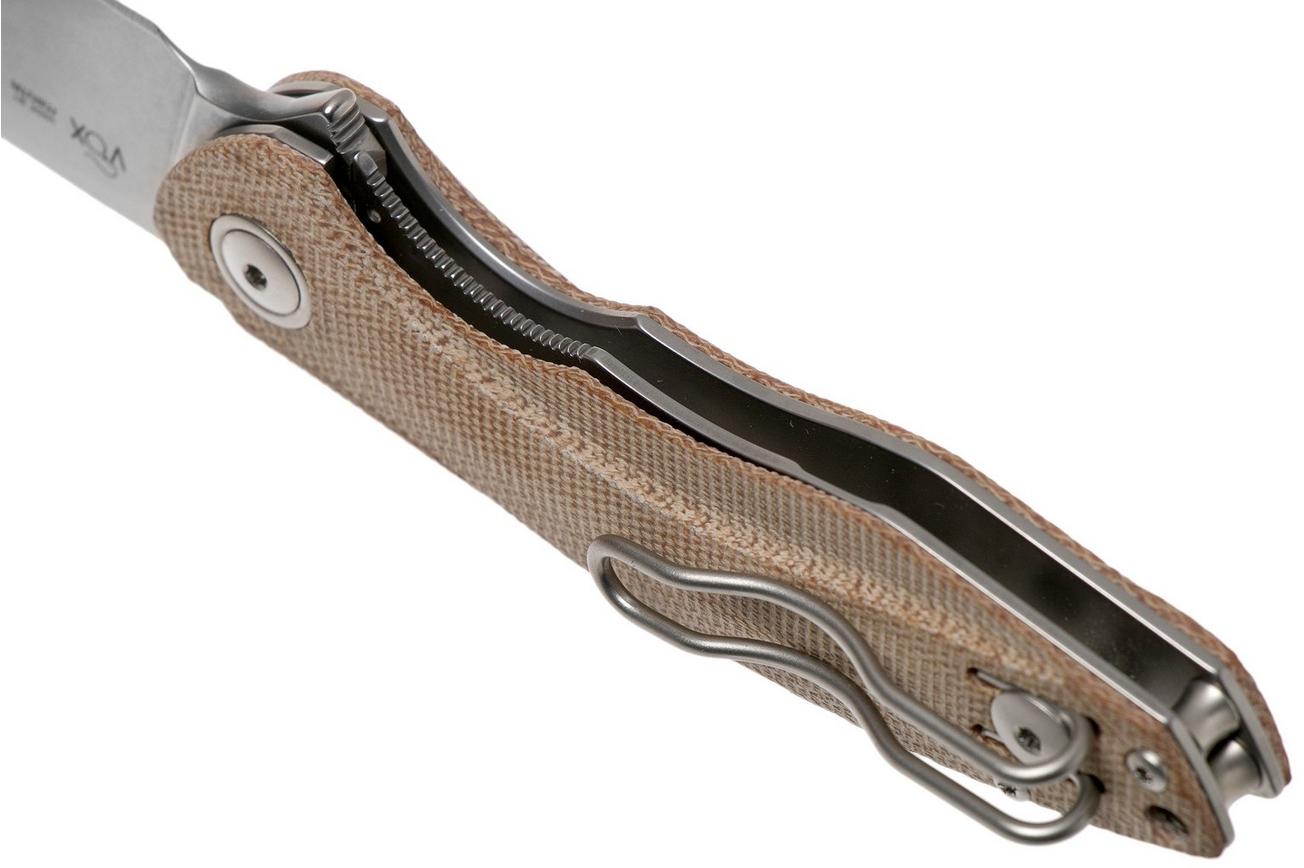 MKM Timavo VP02-NC Natural Canvas Micarta Stonewash zakmes, Voxnaes design