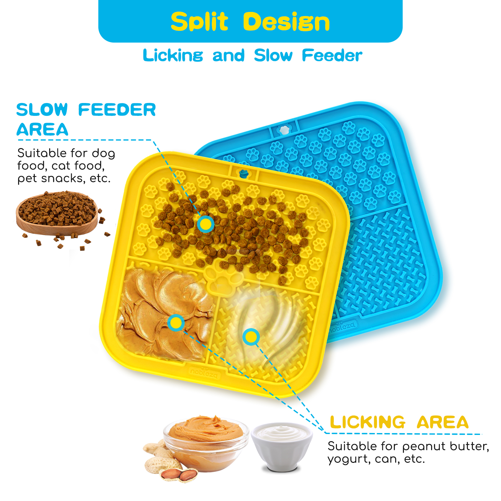 Tapete para lamber Nobleza para cães e gatos, conjunto de 2 peças, com espátula e escova de silicone. Ventosas super aderentes para banho, higiene, adestramento e cuidados com as unhas.