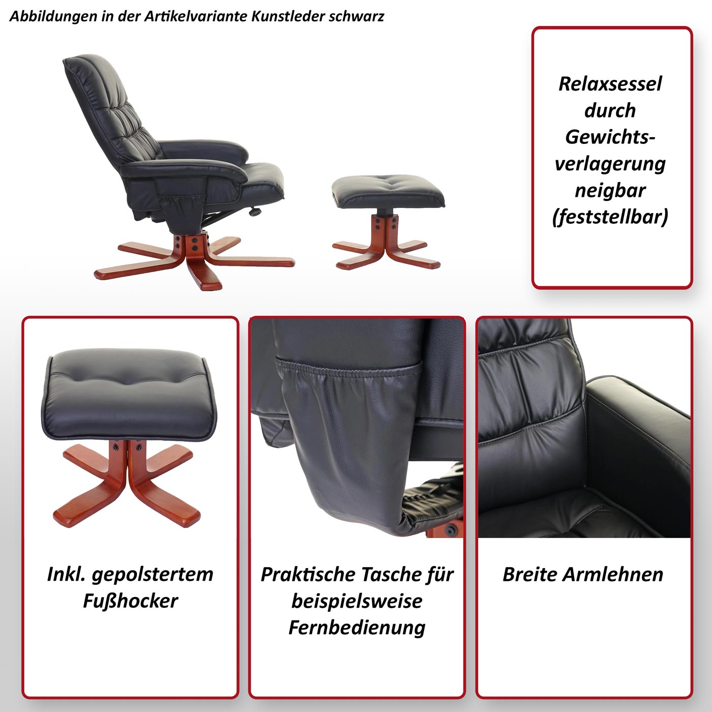 Relaxsessel MCW-E30, Fernsehsessel Liegesessel TV-Sessel mit Hocker ~ Kunstleder schwarz