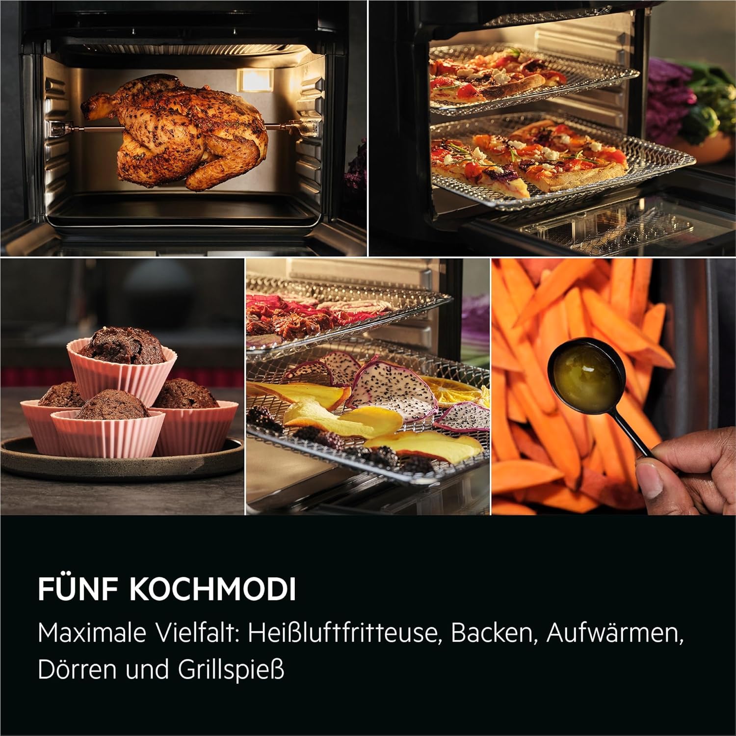 AEG Heißluftfritteuse XXL AAF12B 8000 - Multi-Combo, 12L Fassungsvermögen, 5 Kochmodi, LED-Display, spülmaschinenfest, 1800W, Schwarz, inkl. Spieß- und Dörrfunktion