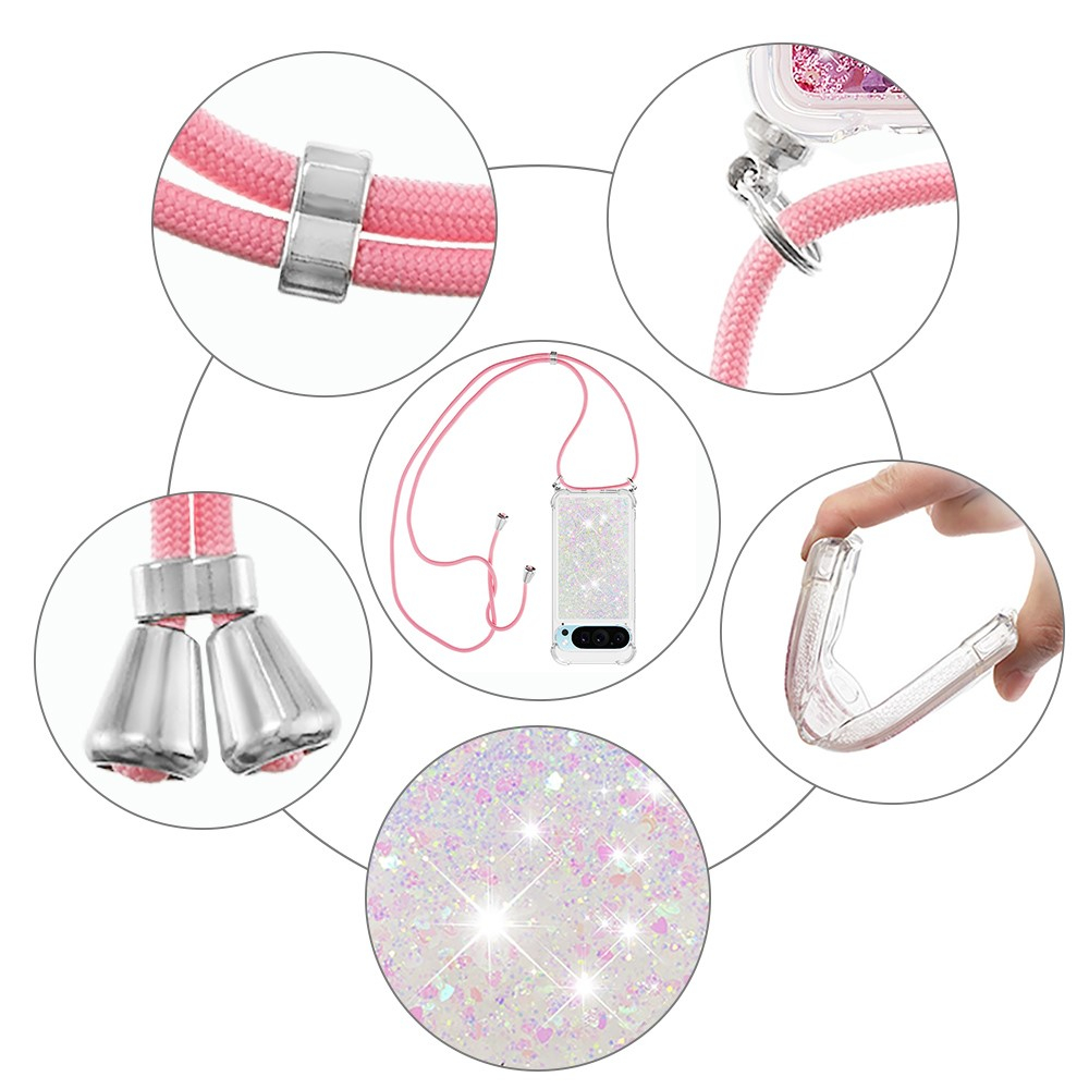 Google Pixel 9 / Pixel 9 Pro Necklace Gummi Hülle Liquid Glitzer   Handykette (130cm) - Rosa / Silber