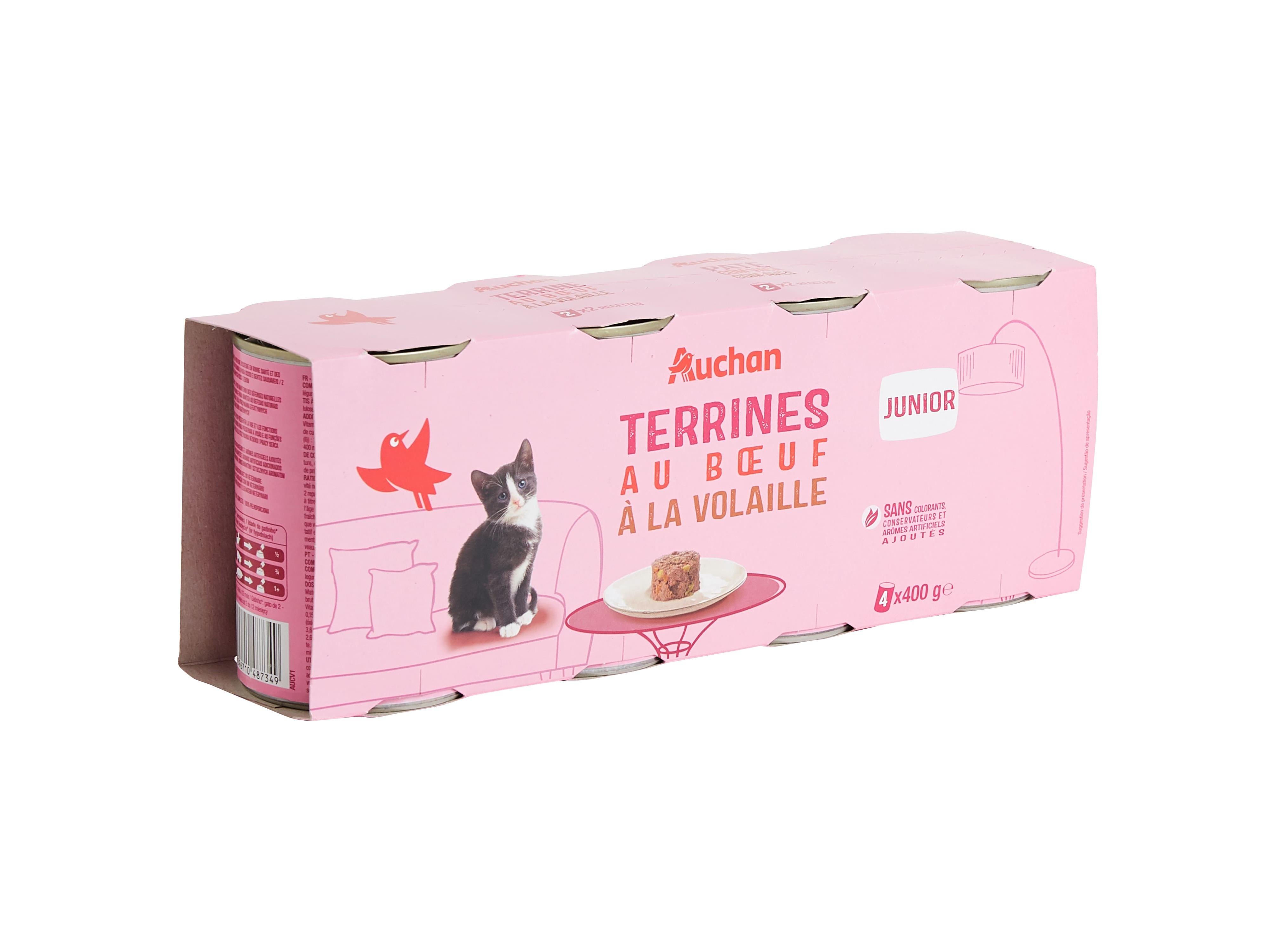 COMIDA HÚMIDA PARA GATO AUCHAN JÚNIOR TERRINAS VACA E AVES 4X400G