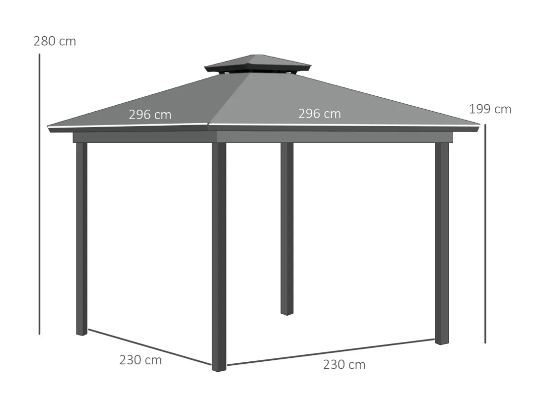 Pavillon de jardin style contemporain - barnum avec rideaux - dim. 2,96L x 2,96l x 2,8H m - alu. polyester gris