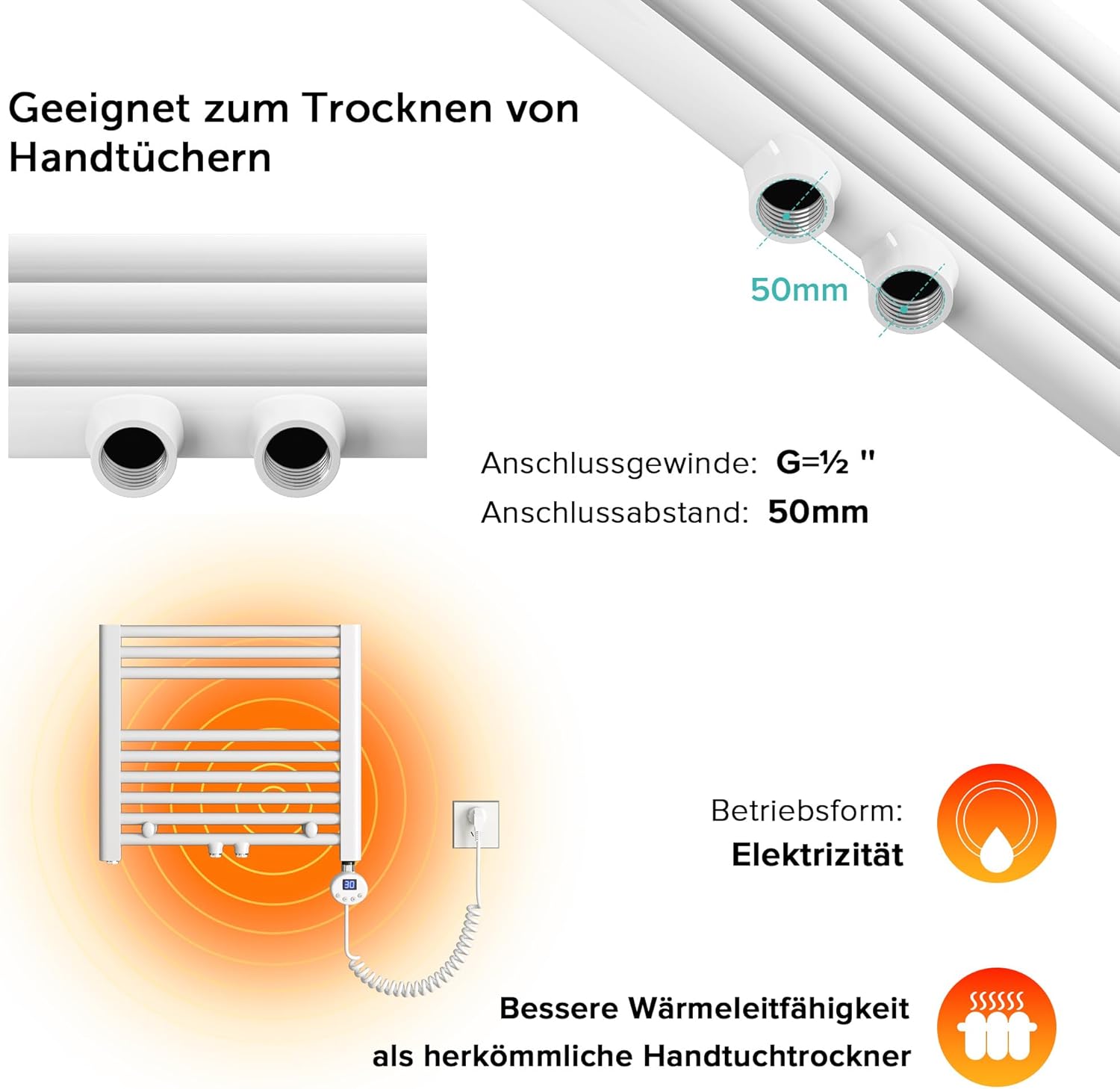 doporro Design Badheizung gerade 140x60cm Weiß Röhrenheizkörper Horizontal 2in1 Mittelanschluss oder Seitenanschluss Badheizkörper mit Heizstab 800W