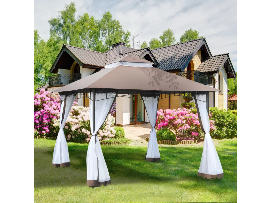 Tonnelle barnum style colonial double toit toile moustiquaires amovibles 3L x 3l x 2,7H m métal époxy polyester chocolat et blanc