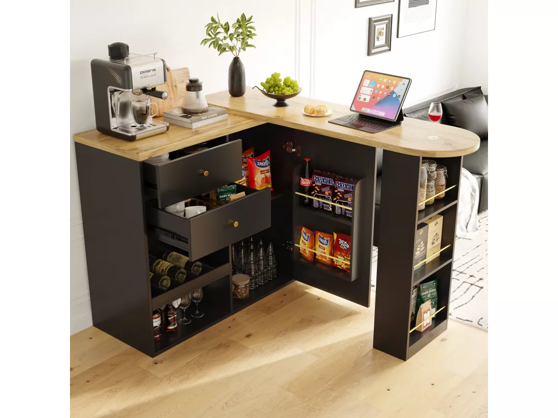 Meuble de bar pivotant - une porte, 2 tiroirs, 3 étagères & 2 niches - MDF plateau effet bois - 138 cm/105x39x102 cm - Noir