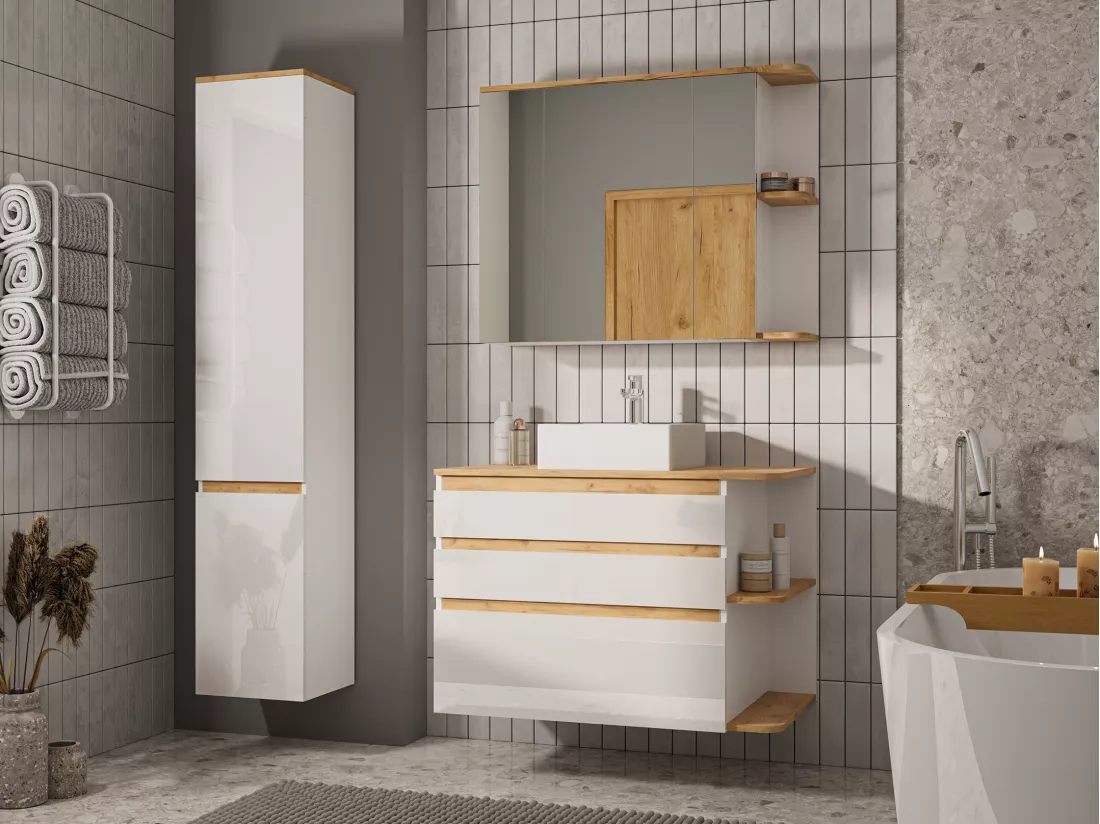 Meuble sous vasque suspendu - Coloris naturel clair et blanc - 96 cm - ANIDA