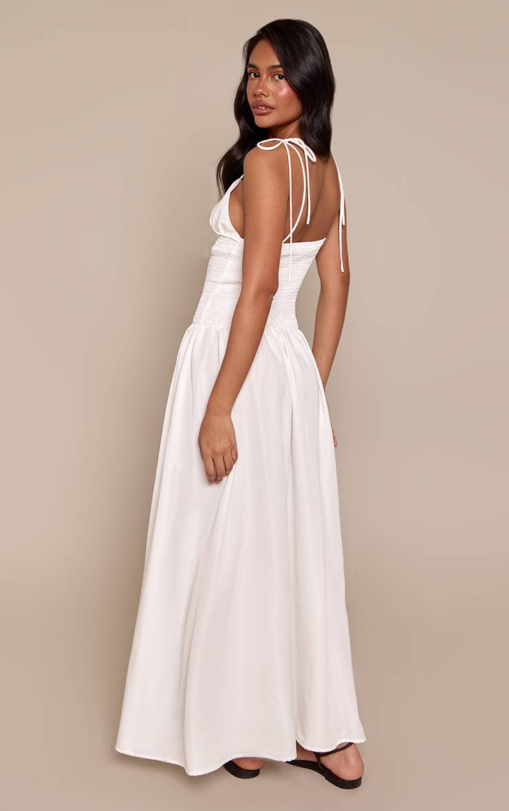 Blanc Robe Longue Tissée À Bretelles Avec Taille Froncée